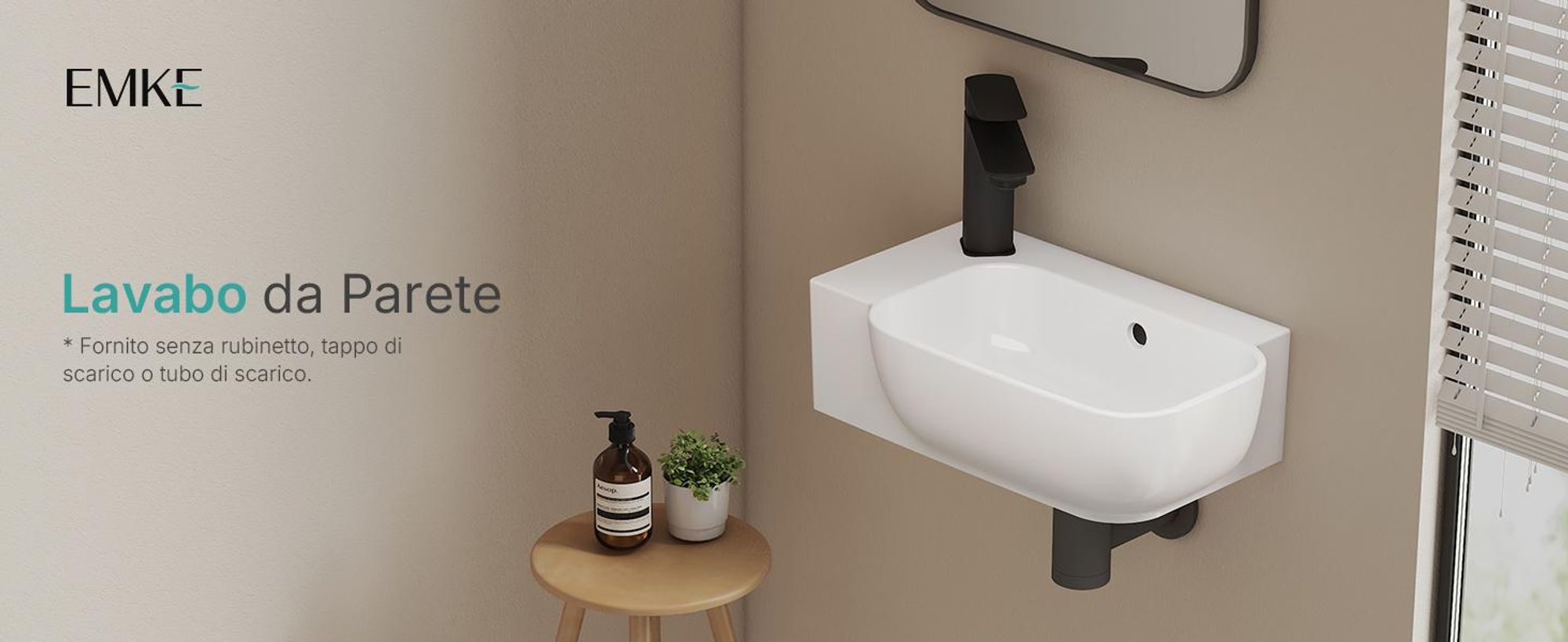 EMKE Lavabo a parete in ceramica rettangolare 400x250 mm bianco lucido Lavabo a parete arrotondato con foro per rubinetto e troppopieno per WC ospiti e bagni piccoli