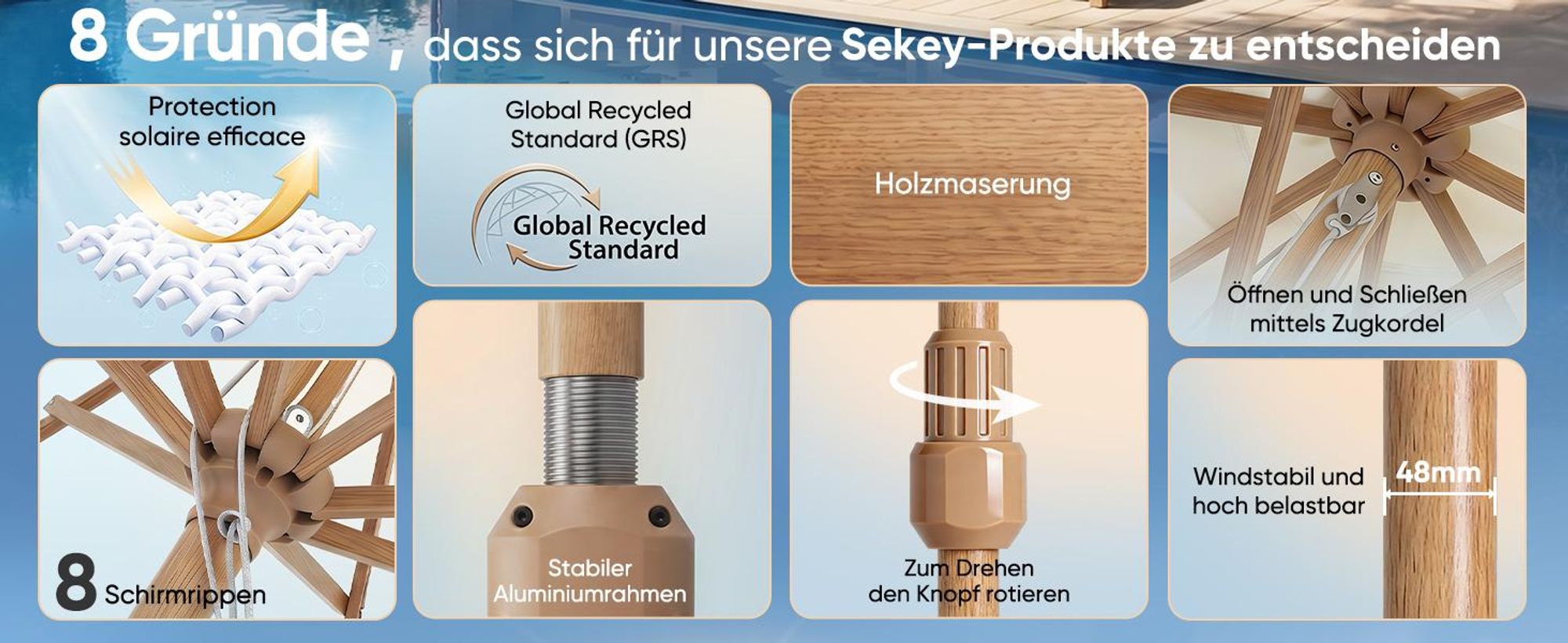 Sekey Sonnenschirm Ø300cm Holzoptik Gartenschirm Marktschirm für Garten Terrasse Hof, UPF50+