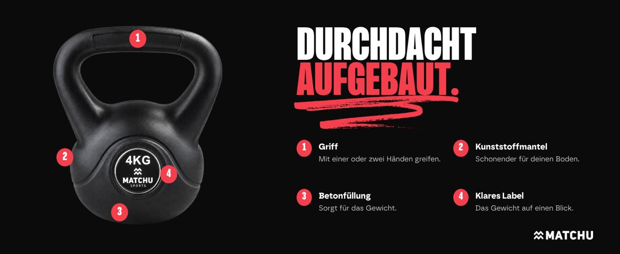 Matchu Sports Kettlebell 4 kg mit Kunststoffhülle und Betonfüllung – Kugelhantel für Krafttraining und Functional Fitness zu Hause – Schwarz