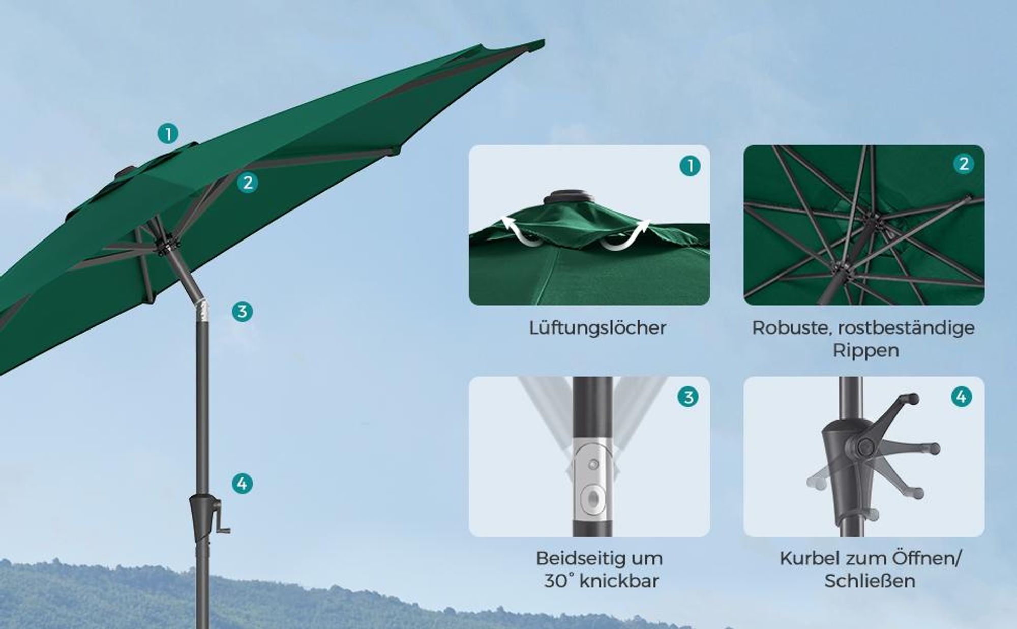 SONGMICS Sonnenschirm Ø300 cm UPF 50+ beidseitig um 30° knickbar