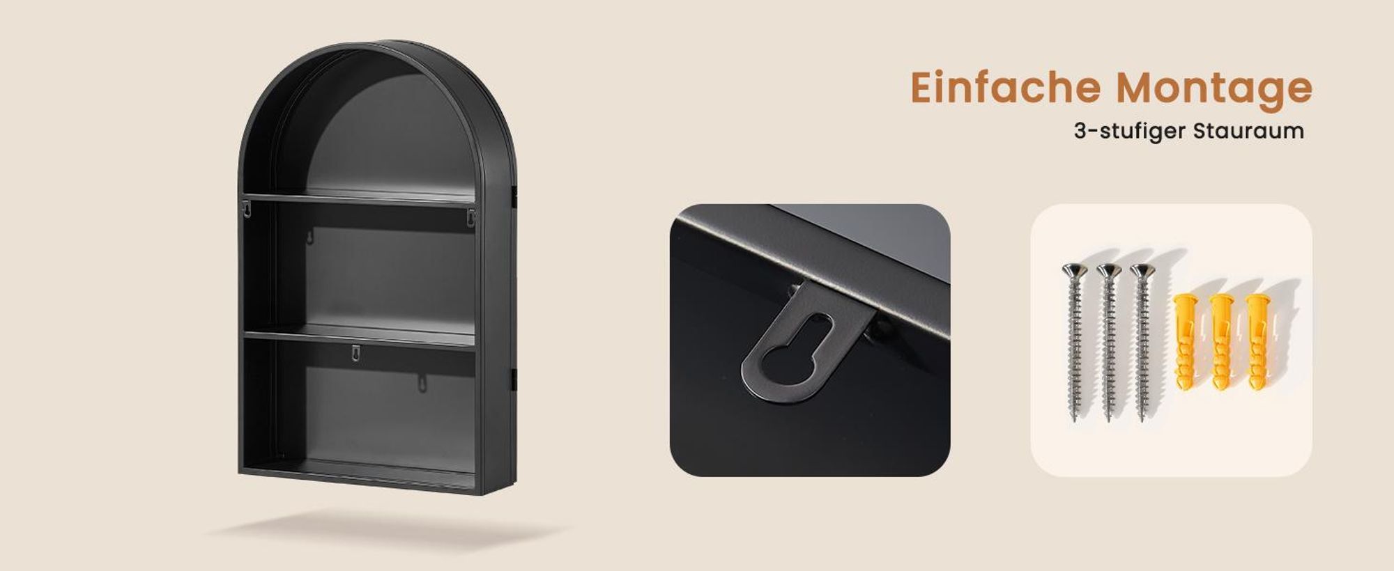 CLIPOP Spiegelschrank mit 1 Tür, 50 x 80 cm Moderne Wand Spiegelschrank mit 2 Einlegeböden in Bogenform und Schwarz Metallrahmen für Badezimmer