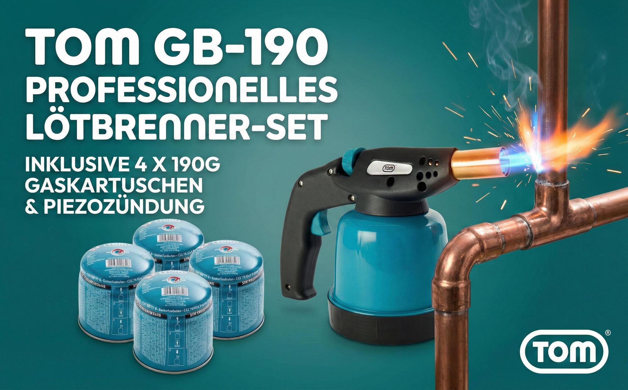 Lötbrenner Gasbrenner Bunsenbrenner SET | TOM GB-190 | mit 4 x 190g Gaskartuschen | 1300W |  94,5 g/h | Piezozündung