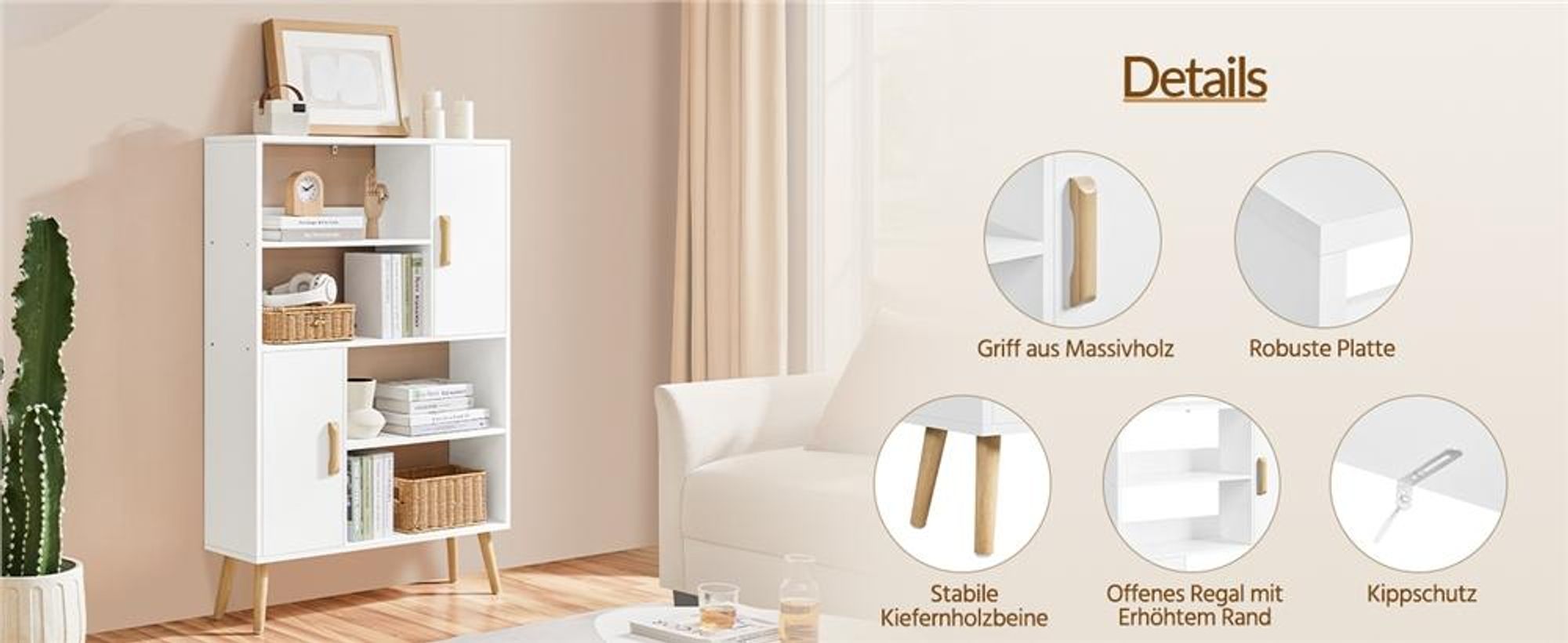 Yaheetech Bücherregal aus Holz, Bücherschrank mit 2 Türen & 4 offenen Regalen, schmaler Standregal Aufbewahrungregal, 80 × 23 × 120 cm, Weiß