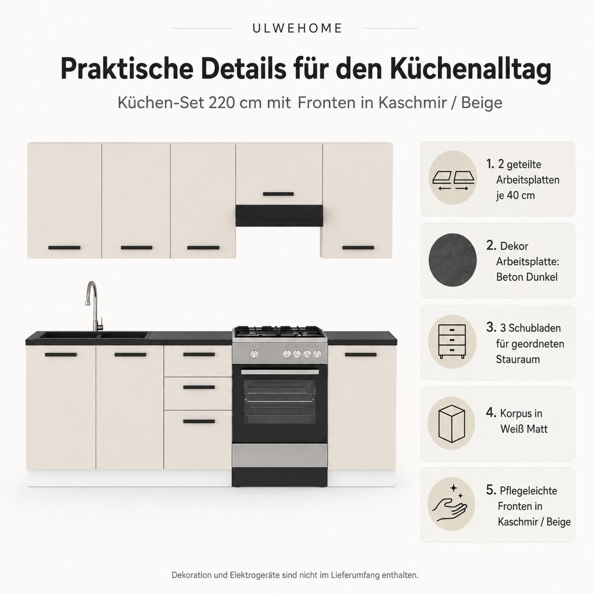 Produktdetails mit Kaschmir-Beige Fronten, weißem Korpus und zwei Arbeitsplatten.