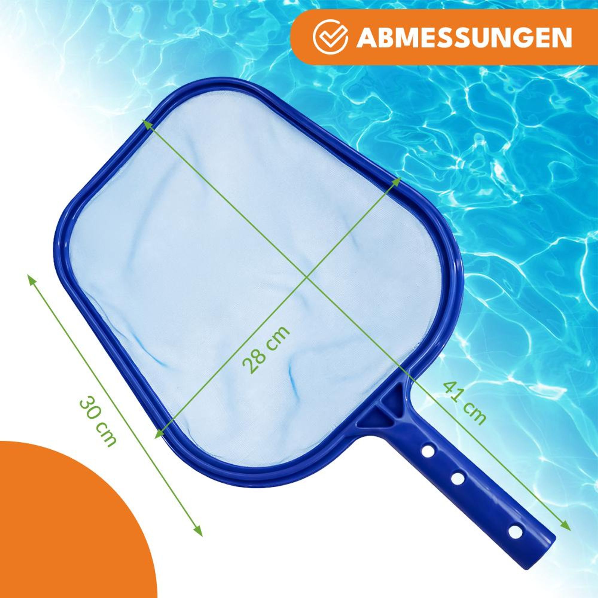 KRUMAD Poolkescher feinmaschig 41 x 28 cm, robustes Poolnetz für Blätter & Insekten, Kescher für Pool & Teich, ohne Teleskopstange, blau