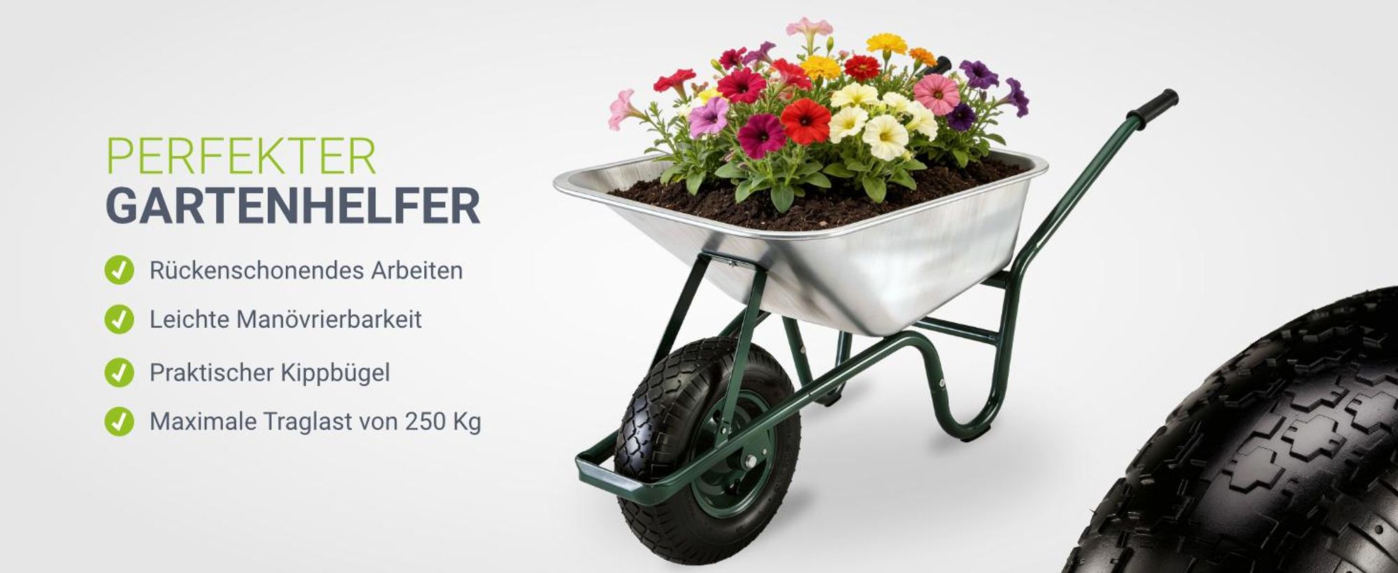 Juskys Schubkarre Garden 100 Liter Volumen - 250 kg - Luftreifen mit Metall Felge Silber