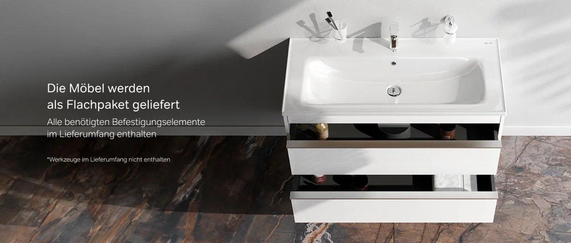 AM.PM Badmöbel Set Badezimmerschrank mit Waschbecken Hängender Waschbecken mit Unterschrank mit Soft Close, mit 2 Schubladen, 100cm, Weiß glänzend