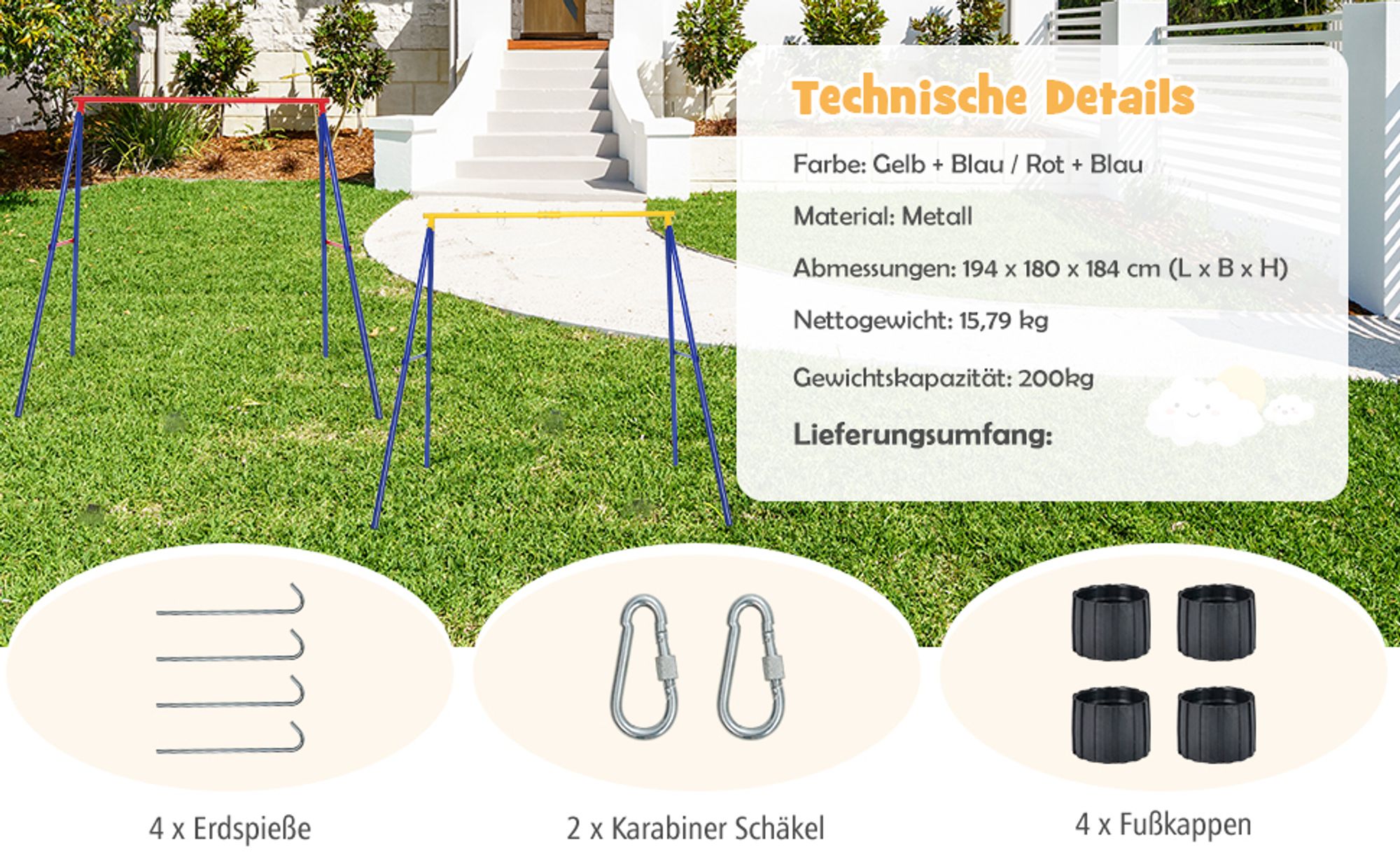 Schaukelgestell aus Metall, bis 200kg belastbar, für Kinderschaukel & Storchennest, Hängesesselgestell für Kinder & Erwachsene, stabil & sicher für Garten (Rot)