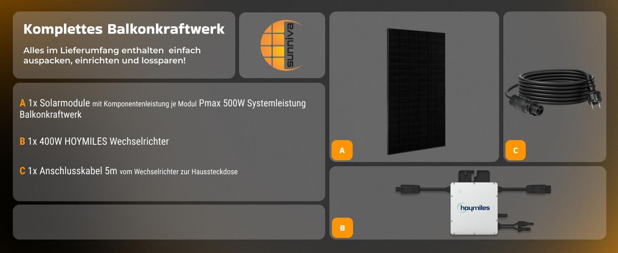SUNNIVA® 500W Balkonkraftwerk BIFAZIAL FULLBLACK komplett Steckdose HOYMILES 400 Watt Wechselrichter, Komplettset 1x 500W PV Solaranlage Solarmodule