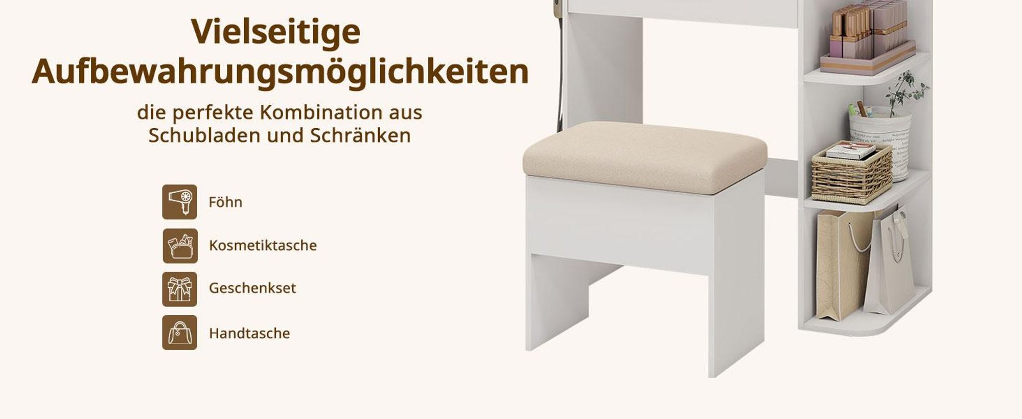 Puluomis Schminktisch mit dimmbarer LED Beleuchtung, Frisiertisch mit Schublade, Föhnhalter, USB & Steckdosen, Glasplatte, Hocker mit Lagerung weiß
