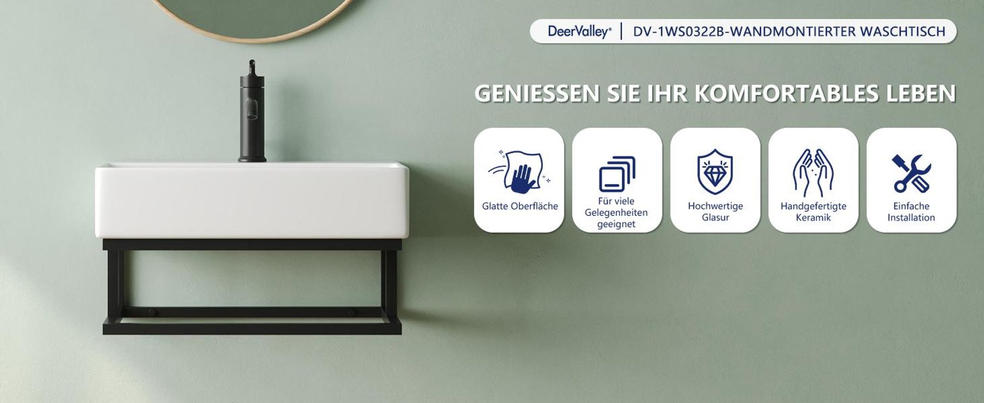 DeerValley Modernes Wand Waschbecken Mit Schwarzem Handtuchhalter – Weißes Keramik Aufsatz Waschbecken Für Gäste WC & Kleines Bad