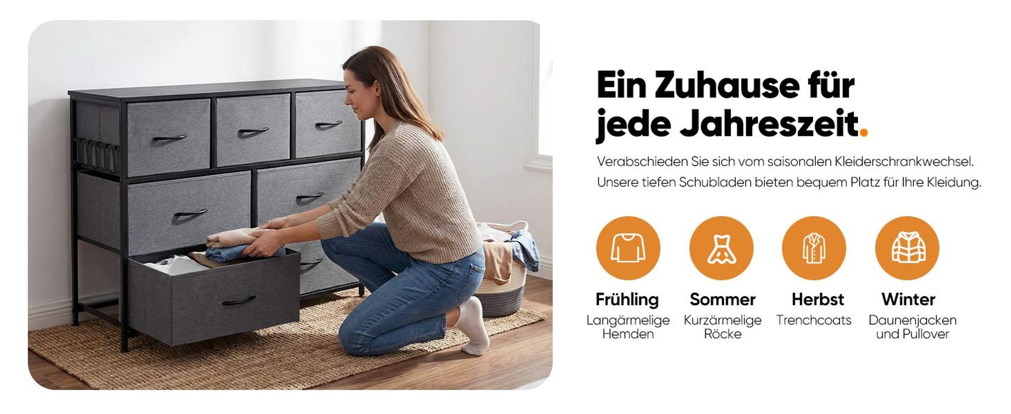 HOKEEPER Kommode, Chest of Drawers, 7 Schubladen aus Stoff mit Griffen, Komodenschrank Schlafzimmer mit Holzplatte, Sideboard Flur für Küche Büro