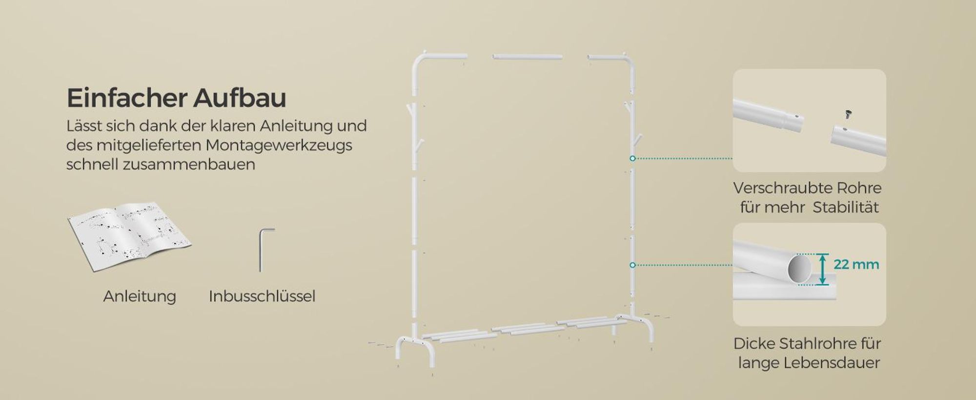 SONGMICS Kleiderständer auf Rollen, bis 50 kg belastbar, 103,5 cm breit, weiß