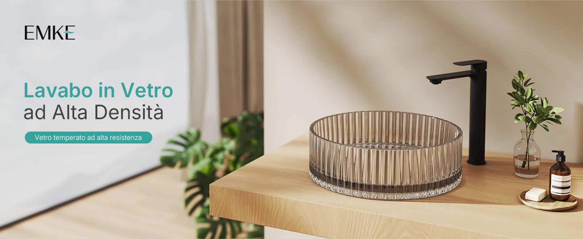 Lavabo da appoggio EMKE rotondo 400x400x120mm in vetro cristallo temperato grigio trasparente galvanico, senza foro per rubinetto e troppopieno, design moderno