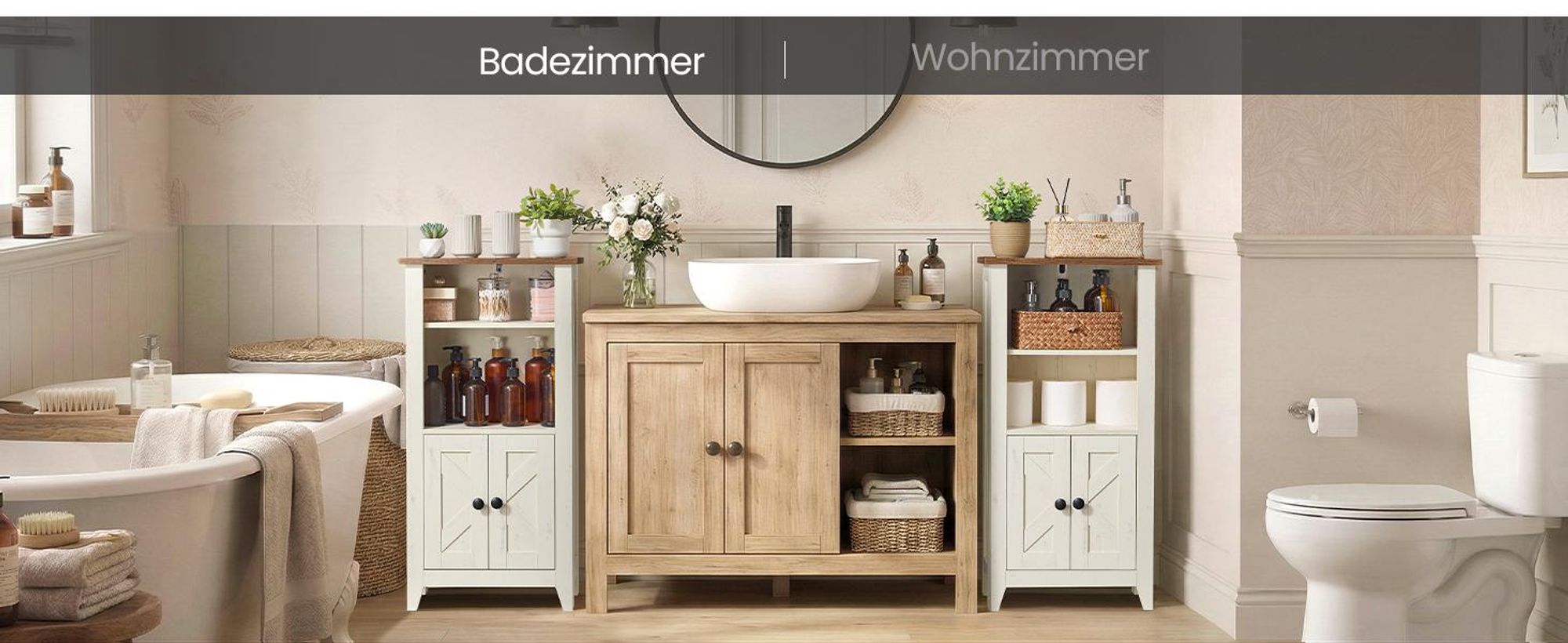 VASAGLE Badezimmerschrank im Landhausstil, Badschrank, offene Fächer, mit Türen, weiß-braun