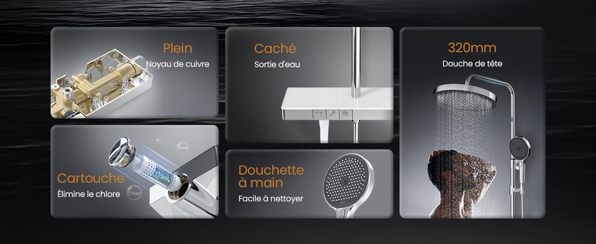 EMKE Système de douche avec thermostat - Ensemble de robinetterie de douche en acier inoxydable, douchette à main 3 jets, douche de pluie ronde, robinetterie de salle de bains & douche, chrome F22