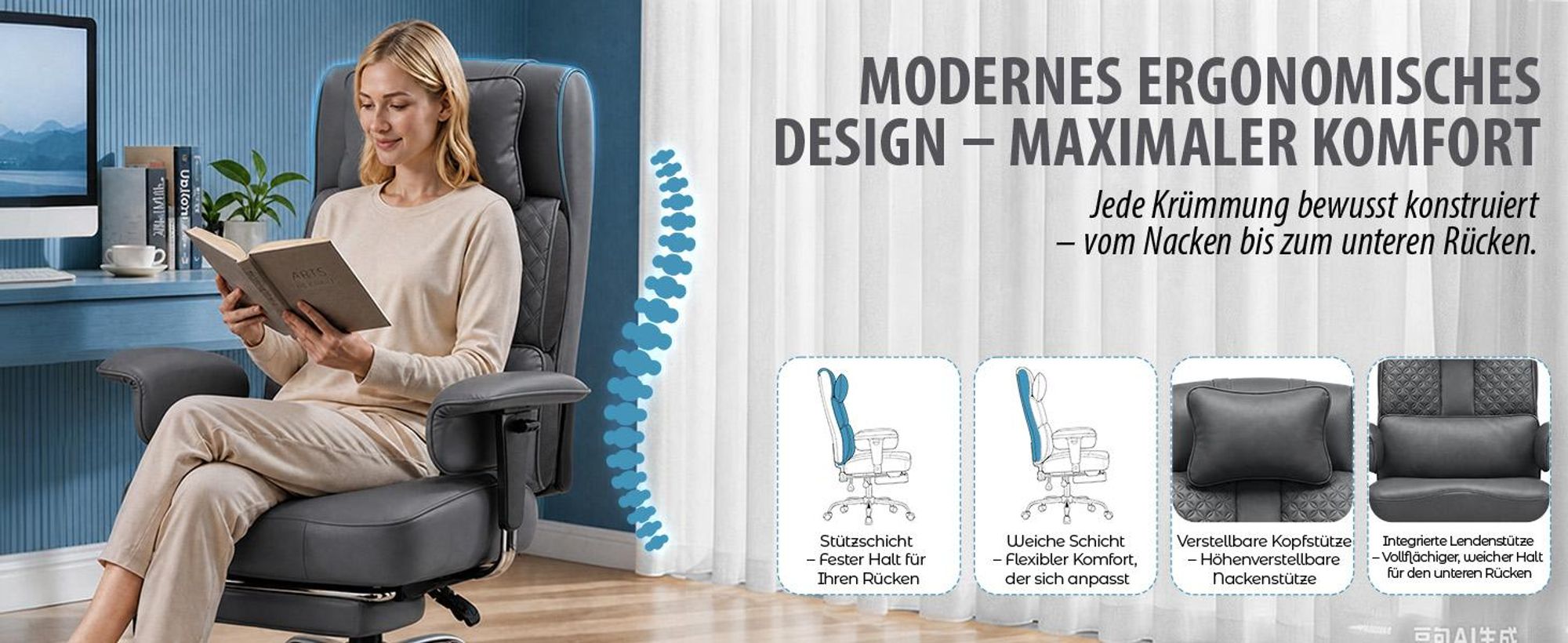 GTPLAYER Gaming Stuhl Ergonomischer Bürostuhl mit Verstellbarer Kopfstütze großer Lendenwirbelstütze, 54 cm breiter Sitz, 90°–150° neigbar 180KG