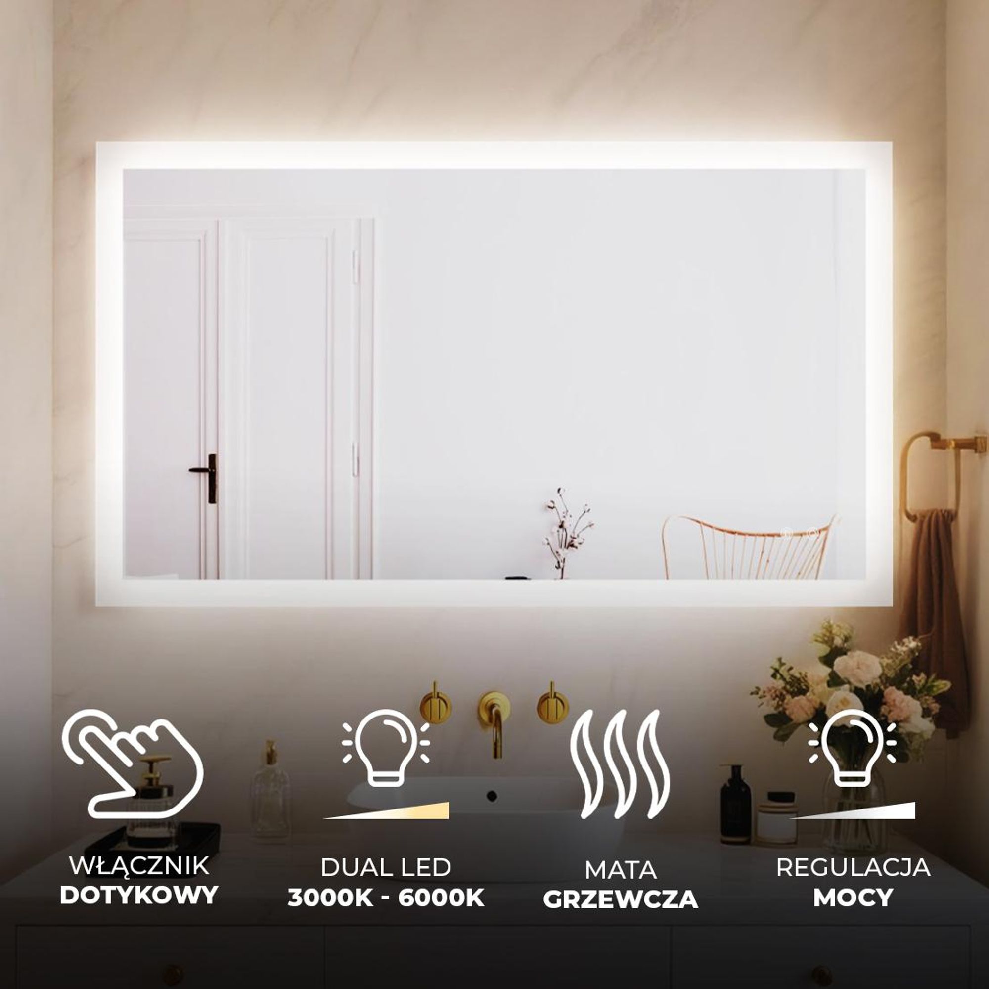 Prostokątne lustro łazienkowe z oświetleniem LED 100x70 cm, lustro ścienne z włącznikiem dotykowym, matą grzewczą, regulowana barwa światła 3000K-6500K, podświetlane lustro ścienne lustro świetlne lustro łazienkowe