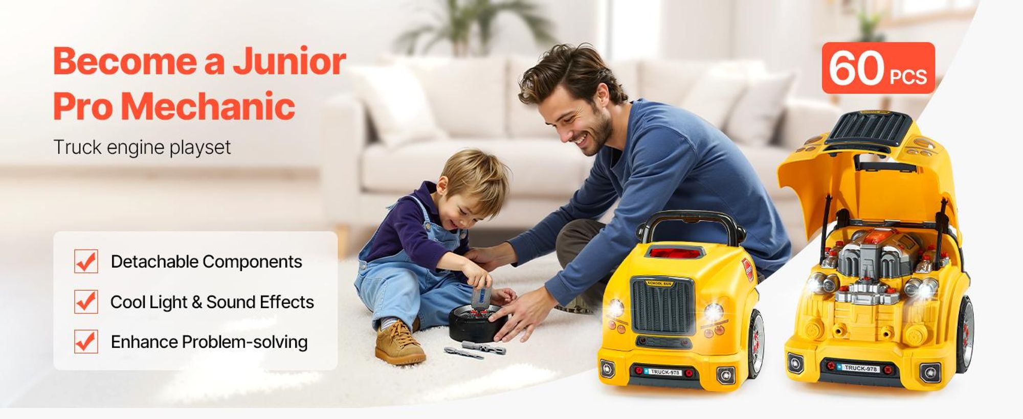 VEVOR Motor Spielzeug, 60 Teile, Kinder Mechaniker Auto Reparatur Set mit abnehmbaren Teilen, Lichtern und Geräuschen, Lenkrad und Hupe, Kinder Mechaniker Werkstatt Set für Kleinkinder ab 3 Jahren, Blau, Gelb