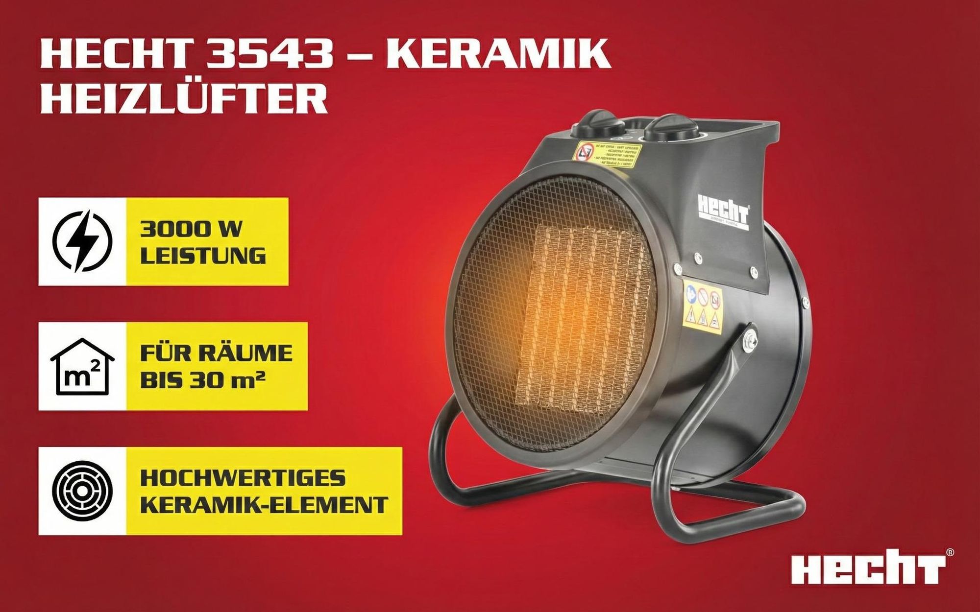 HECHT 3543 Heizlüfter Keramik Elektro | 3000 W | bis 30 m² | 2in1 Ventilator | Thermostat
