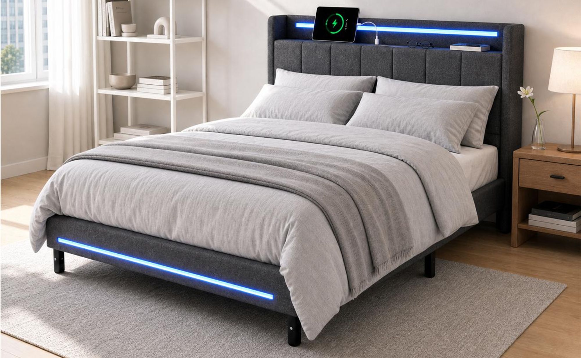 Polsterbett mit LED-Beleuchtung und USB-Ladefunktion, für Matratze 140x200cm, Doppelbett mit gepolstertem Kopfteil