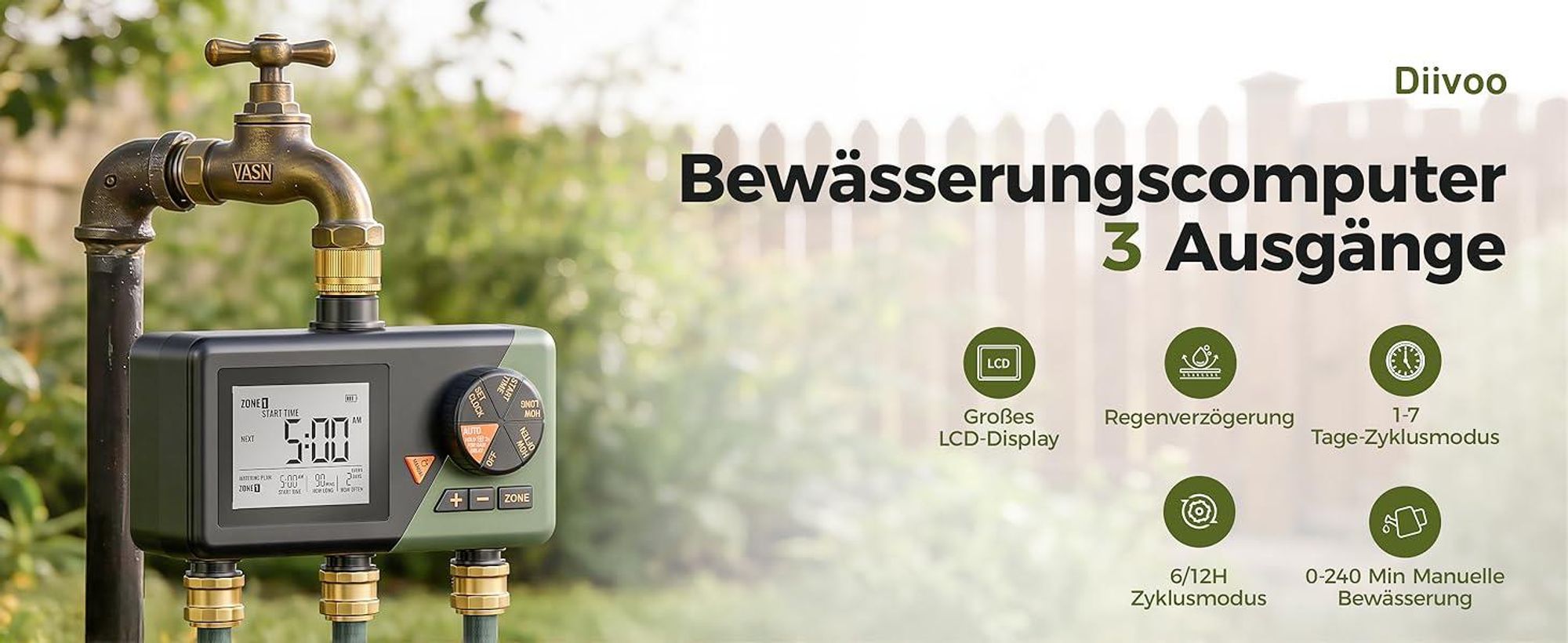 Diivoo Bewässerungscomputer mit 3 Ausgängen LCD-Display & Regenverzögerung Automatische und Manuelle Bewässerungsuhr