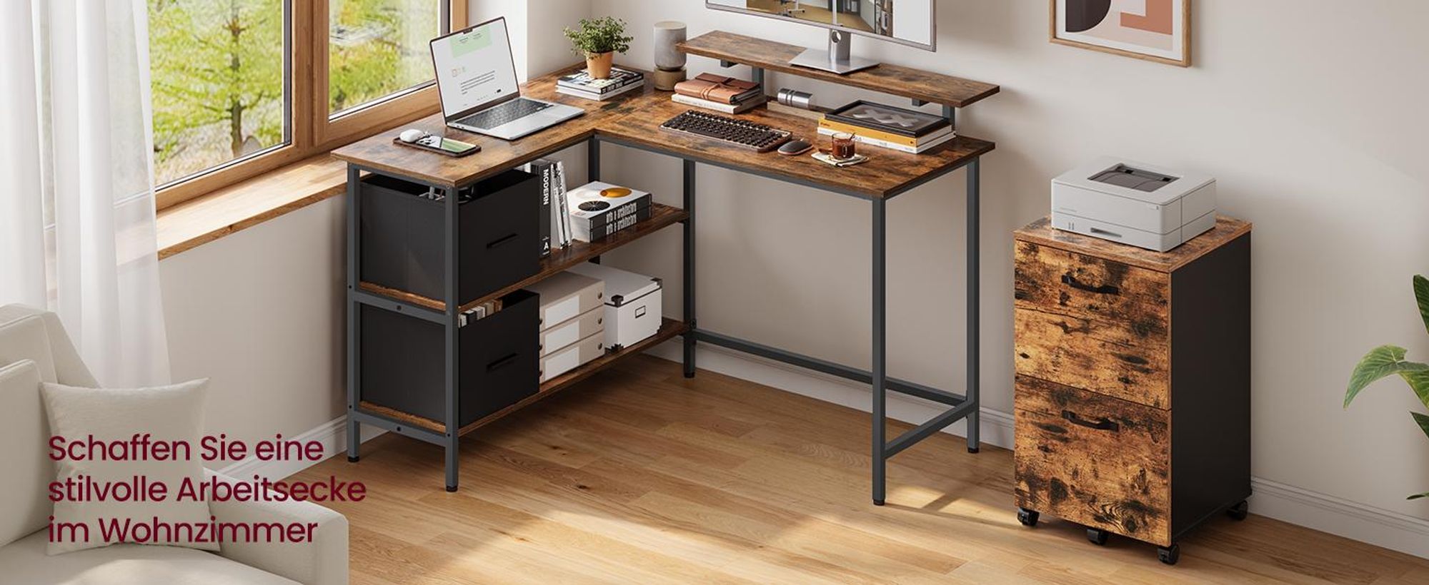 VASAGLE L-förmige Schreibtisch Eckschreibtisch Computertisch mit Schubladen 115cm Vintage