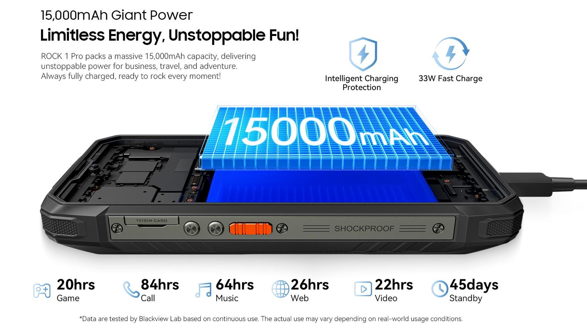 Blackview ROCK 1 PRO 6.56" Militarisches Outdoor handy, 32+256GB, Android 16, 15000mHA, 33W, Face ID, 16MP+13MP+20MP, Helio G81, IP69K/IP68