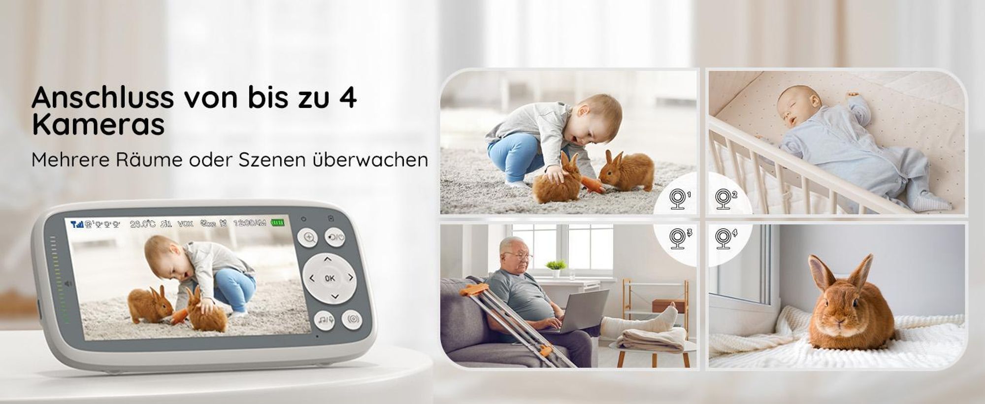 Babyphone mit 3-fachem Zoom, 4-Zoll-Babybildschirm mit 2 Kameras, unsichtbarer IR-Nachtsicht, VOX, Lautstärkeregelung, Schlaflied, Halterung