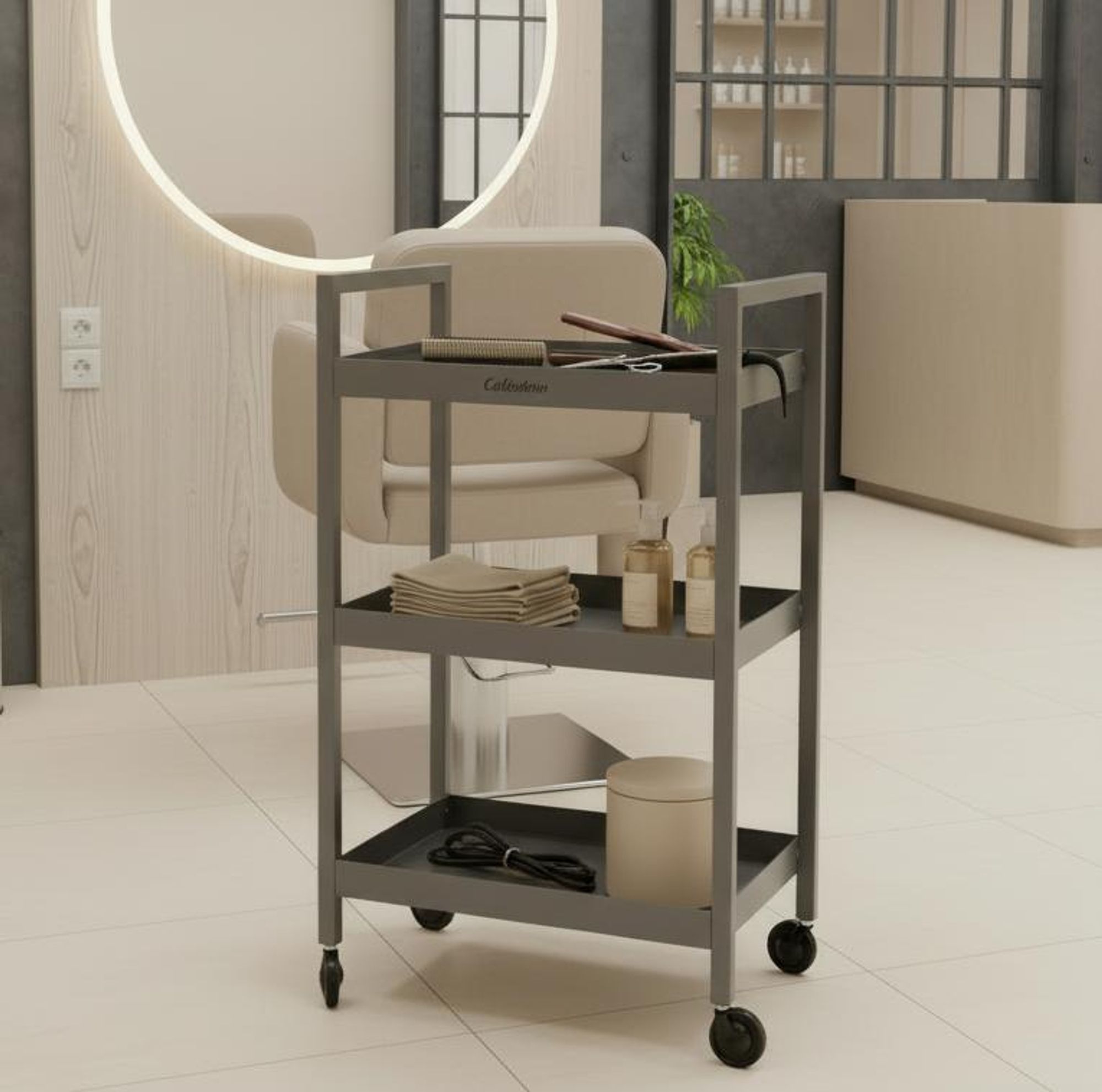 Carrello per cosmetici in metallo argentato