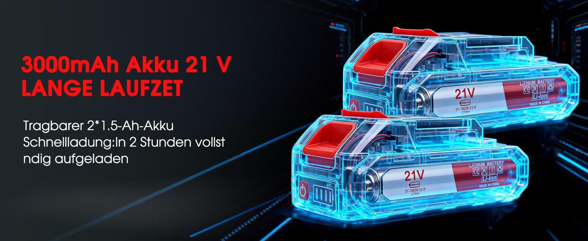 Akku Rasentrimmer, Handgeführte Rasenmäher mit3000mAh Akkus und 4 Messern, Handgeführter Akku-Rasenmäher 21V 2*1.5Ah Akkus, verstellbar