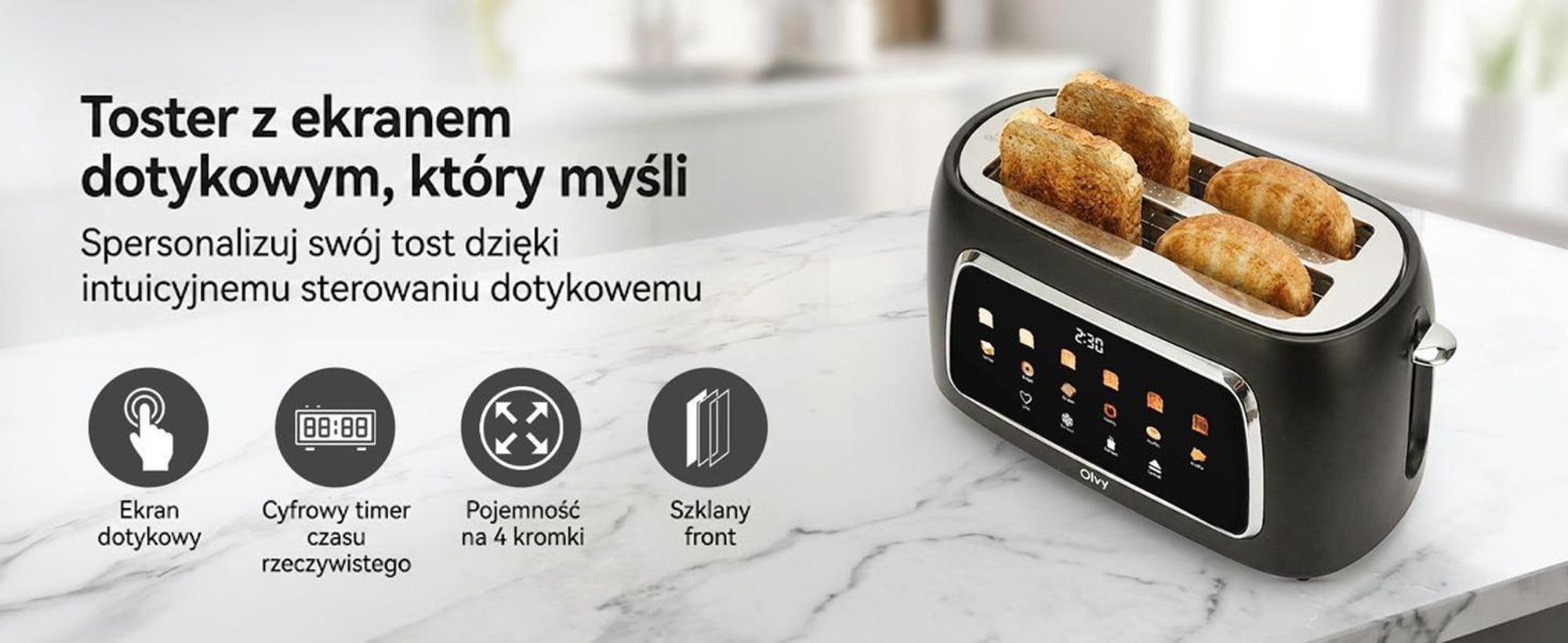 Toster Olvy na 4 kromki, długie otwory, wyświetlacz cyfrowy z timerem, 6 stopni opiekania, szerokie otwory, funkcja rozmrażania i podgrzewania, 1500 W, czarny