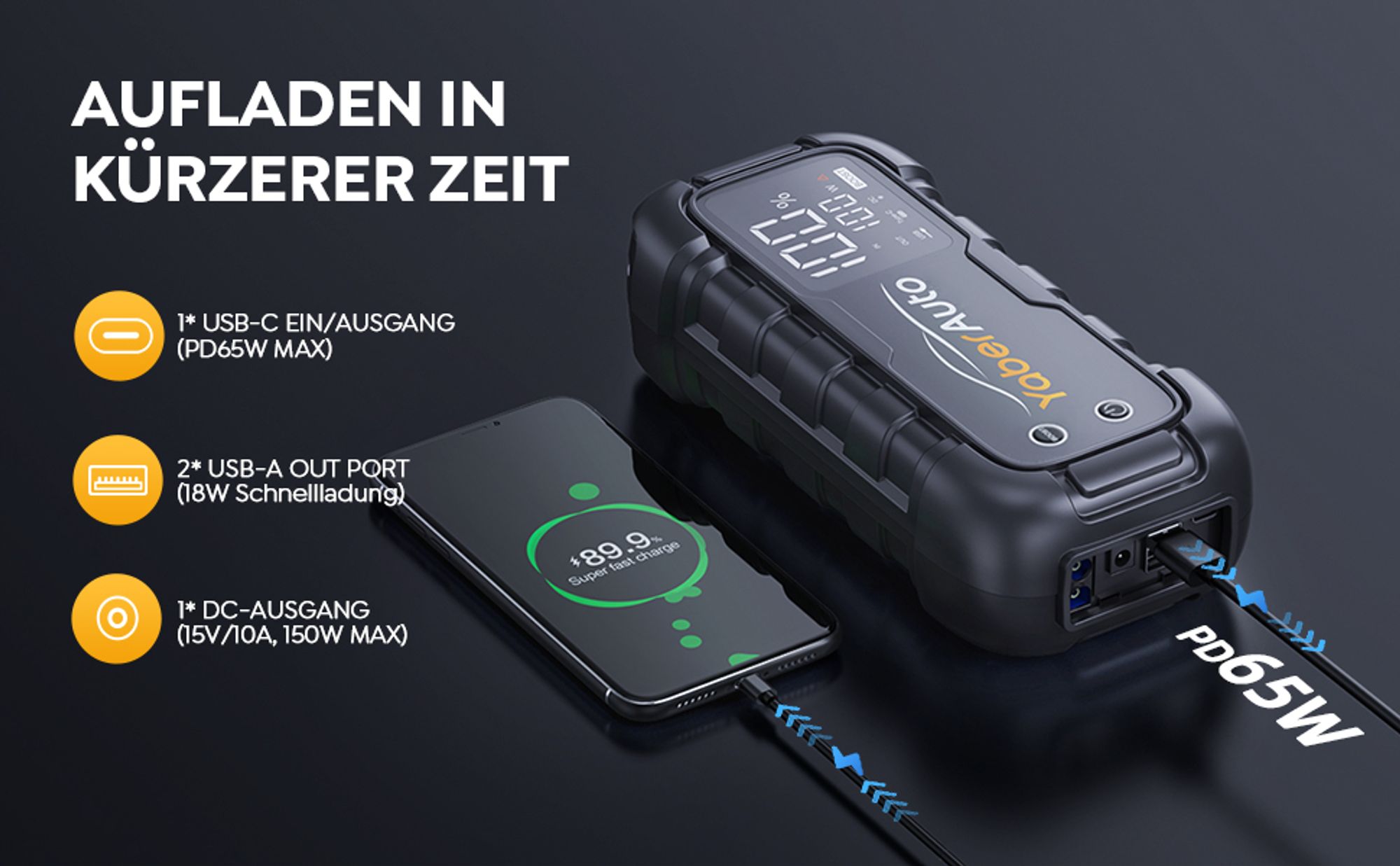 YaberAuto Starthilfe Powerbank, 6000A Spitzenstrom, 65W Schnellladung, Starter Powerbank Auto Starthilfe mit 3,3" LCD Bildschirm, Starthilfegerät