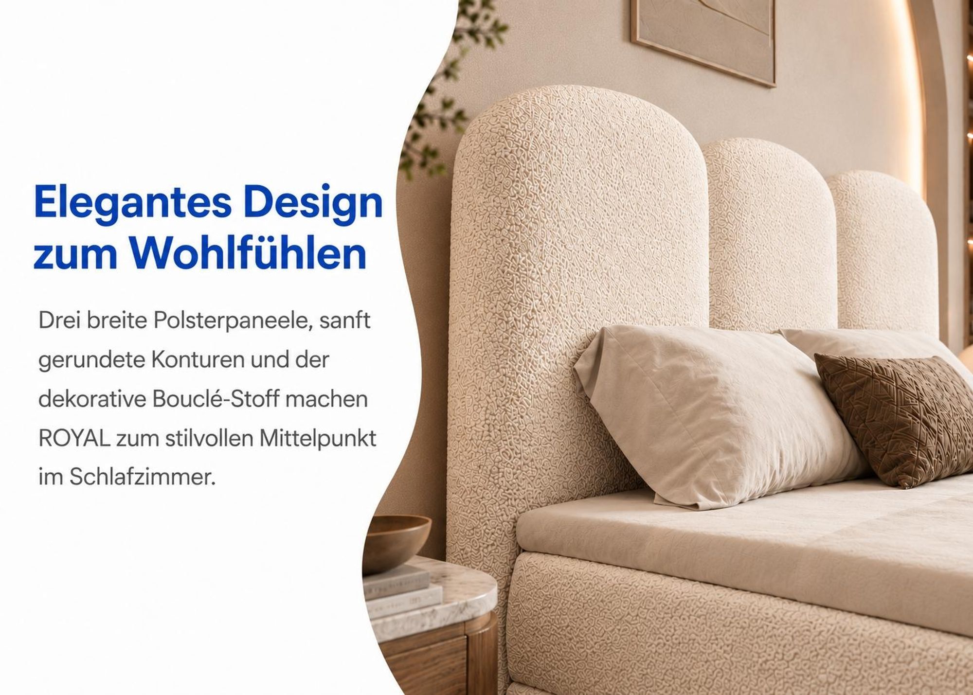 Nahaufnahme des ROYAL-Kopfteils mit drei breiten, abgerundeten Polsterpaneelen