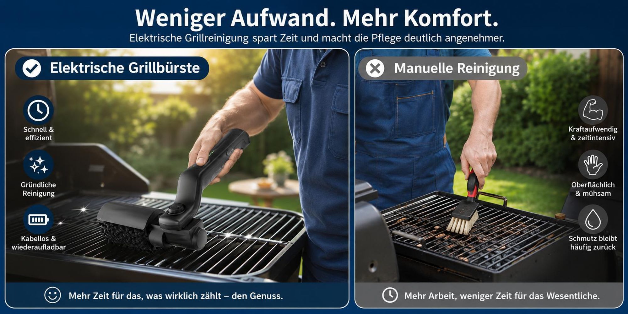 Elektrische Grillbürste kabellos Profi-Set, 2600mAh Akku, 3 Stufen, 180° verstellbarer Bürstenkopf, Edelstahl, USB-C BBQ Reiniger