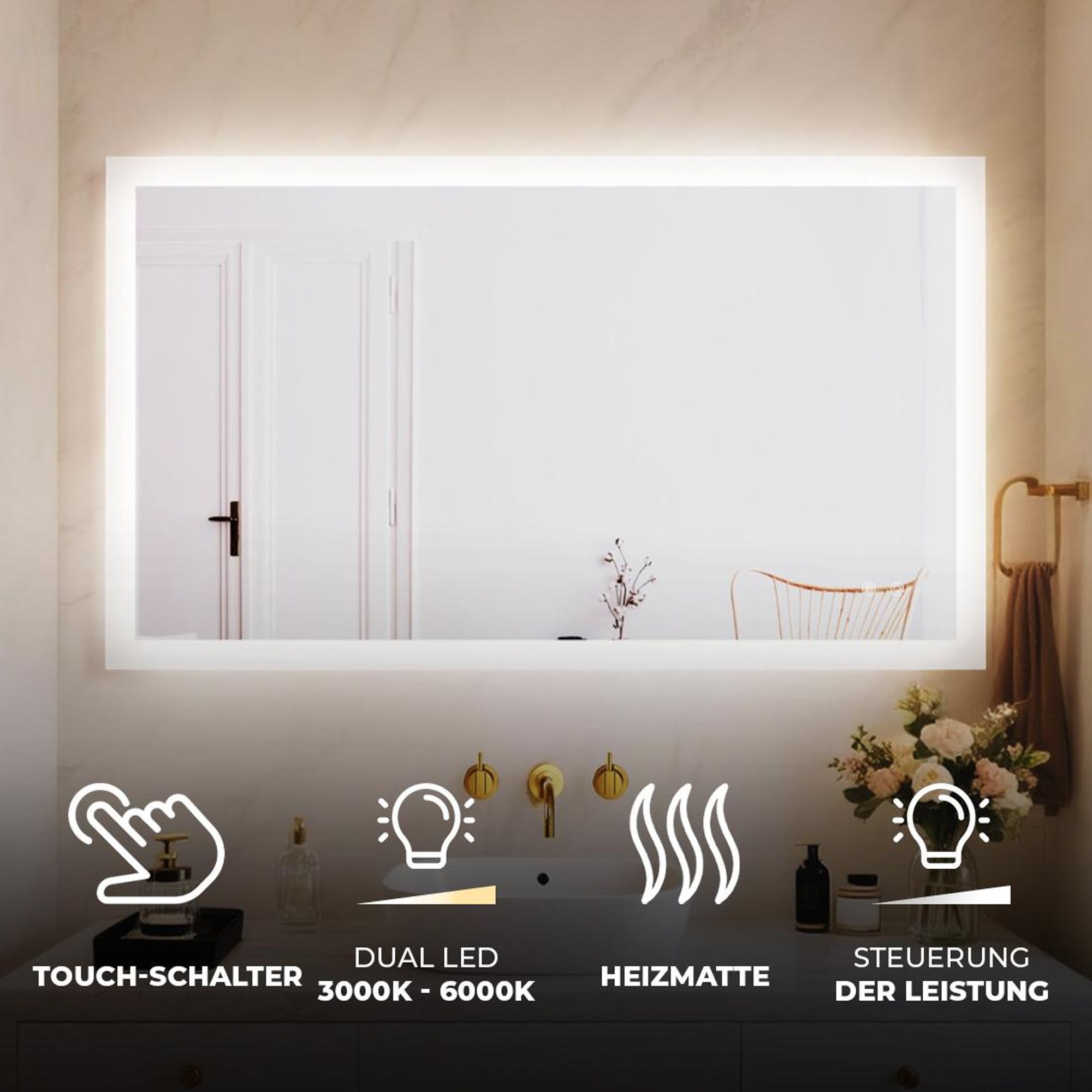 Artforma Badspiegel mit Beleuchtung, Spiegel 120x70 Touch, Dual LED, Heizmatte