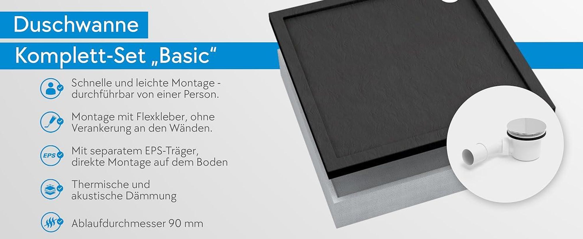 AQUABAD® Duschwanne Komplettset Basic Black Stone 80x80cm Quadrat inkl. Styroporträger und Ablaufgarnitur Alcadrain A49CR