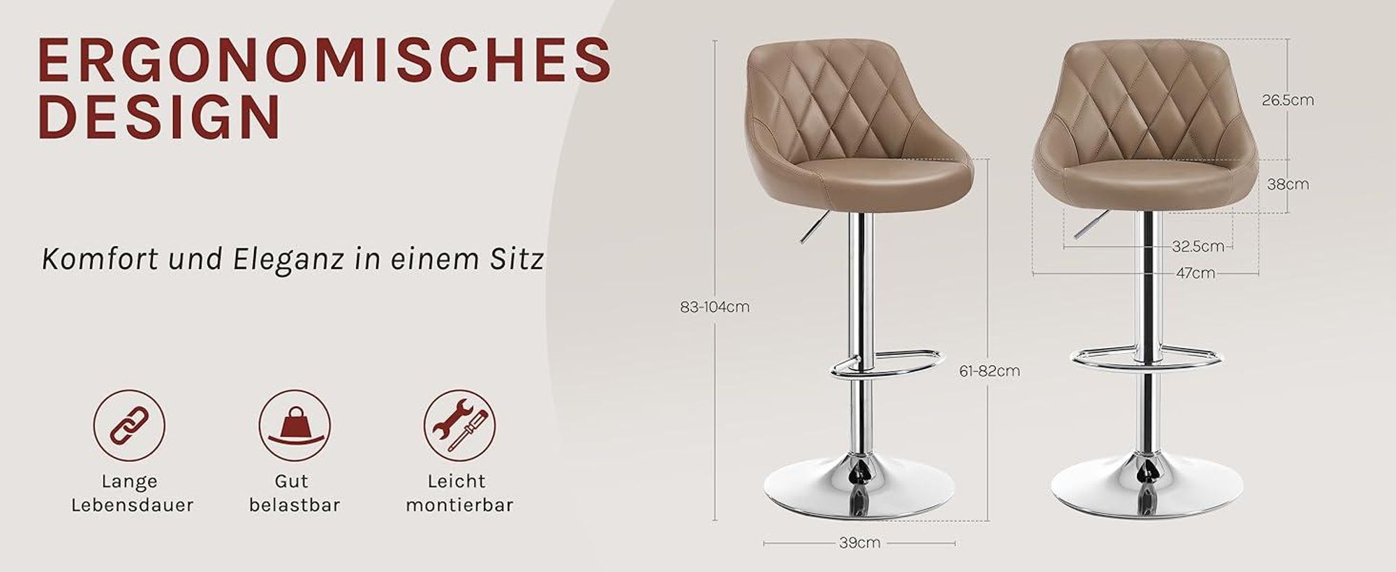 WOLTU 1er Set Barhocker Barstuhl leichte reinige Kunstleder, Gute gepolsterte Sitzfläche, Höhenverstellbar 360° Drehbar, Farbwahl, Khaki