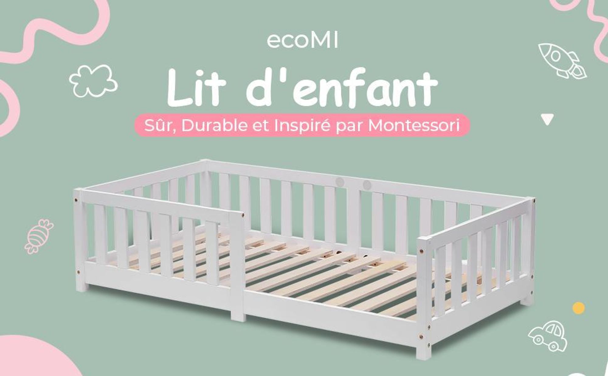 Lit au sol pour enfants  80 x 160 cm, en pin massif, avec protection contre les chutes, lit Montessori naturel, pour garçons et filles