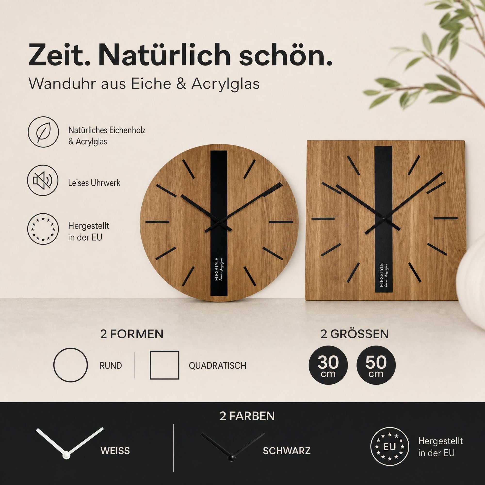 FLEXISTYLE Modern wanduhr ohne tickgeräusche modern wanduhren Holz Badezimmer Wohnzimmer Eiche (Schwarz Eckig, 50cm)