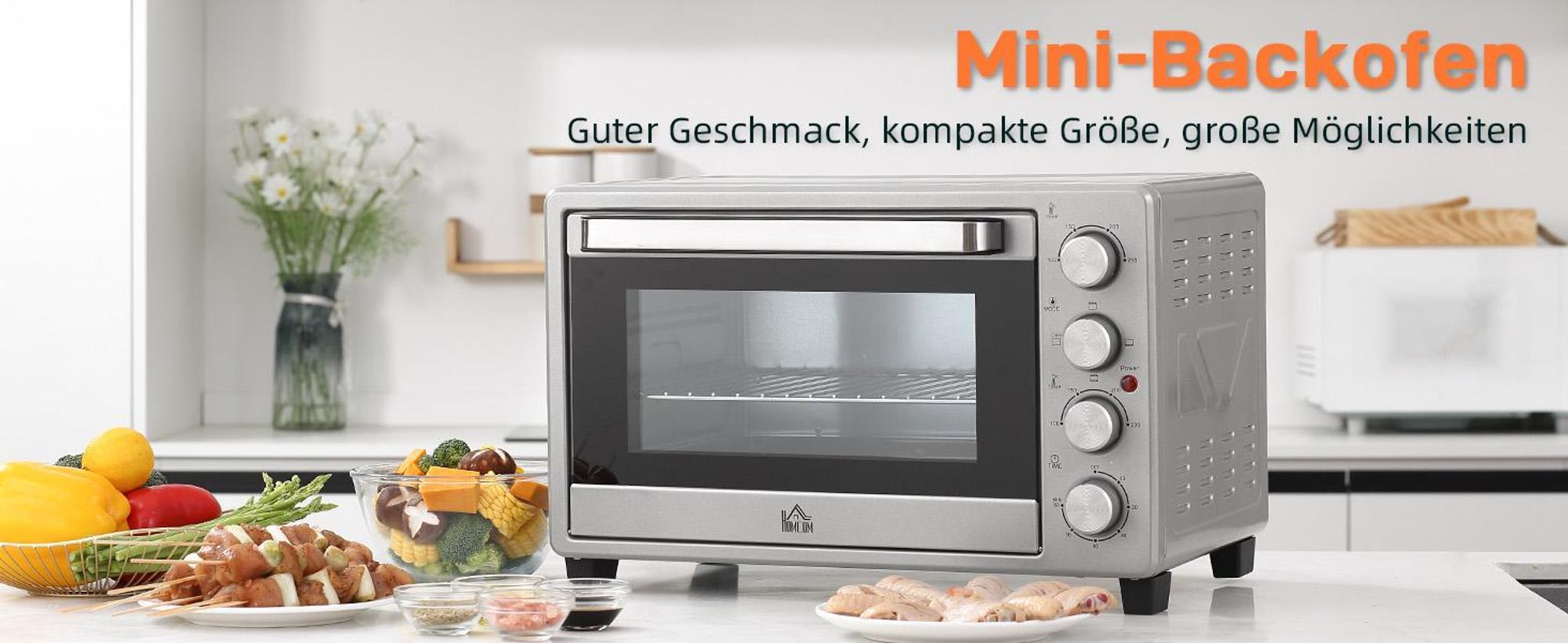 Homcom Minibackofen 32L 1600W Elektrischer Mini Ofen mit Schlackenauffangwanne Metall Edelstahl Glas Silber 52,2 x 38,1 x 33,5 cm, 32 l, Silber, Freistehend, Drehregler, 6 Scheibe(n), 100 - 230 °C