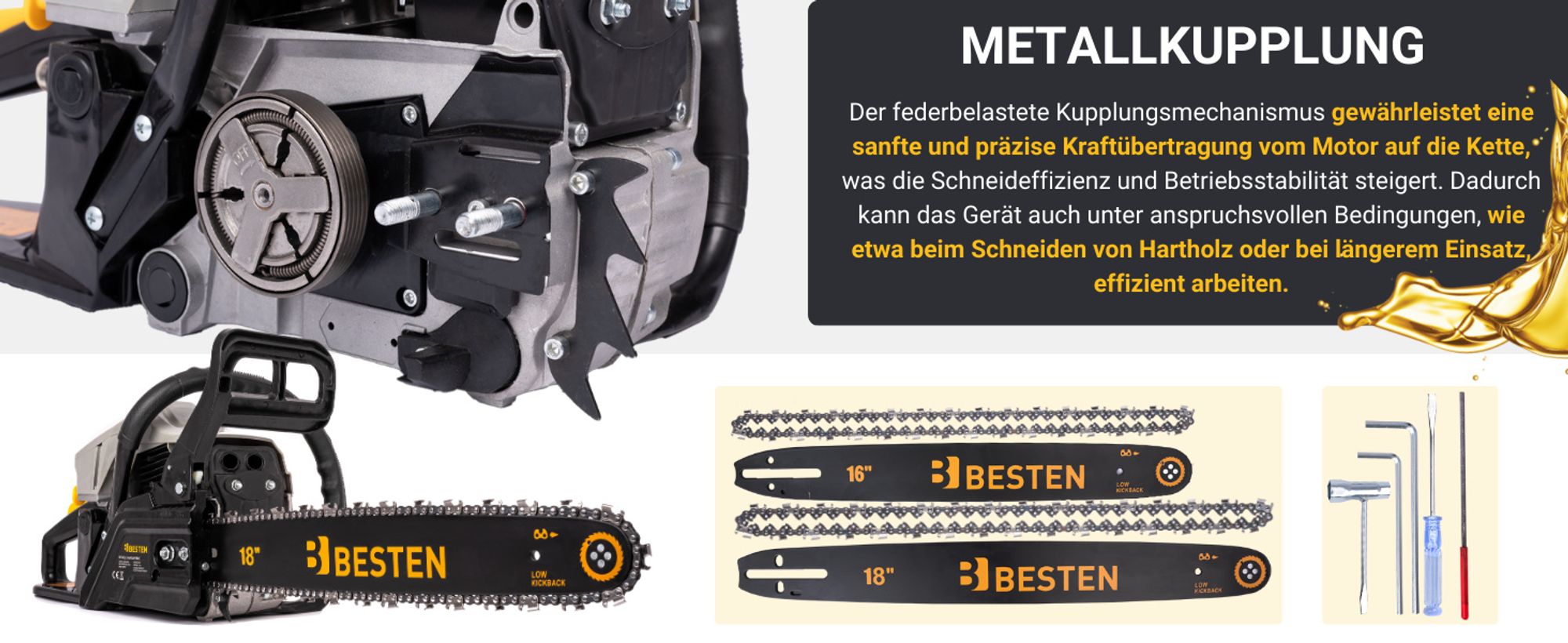 BESTEN Benzinsäge, Benzin Kettensäge, 58CC Holzkettensäge, 2x Kette, 2x Führungsschiene + Öl