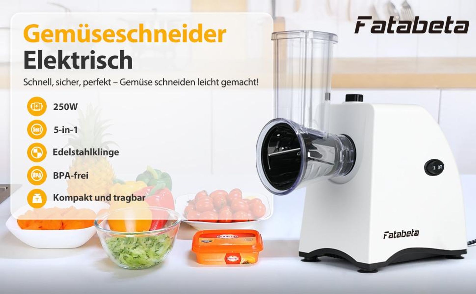 FATABETA 5-in-1 Elektrischer Gemüseschneider, 250 W, Multifunktionsreibe mit 5 Edelstahleinsätzen, BPA-frei, für Gemüse, Obst & Käse, Weiß