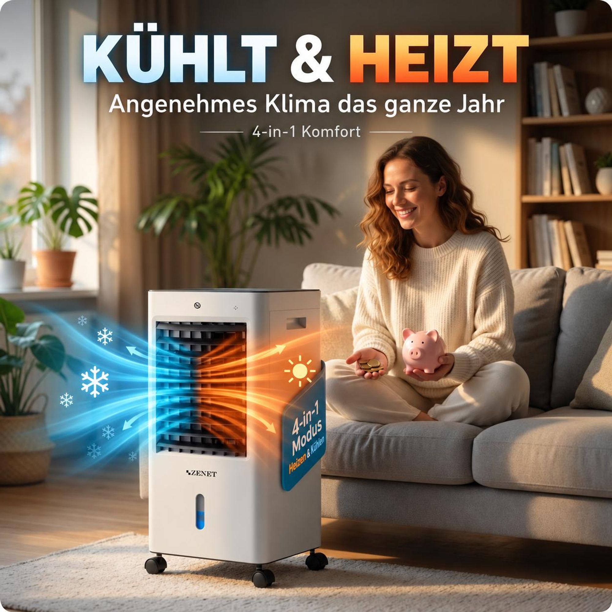Mobiles Klimagerät 4in1 Heizen, Kühlen, Luftreinigen, Befeuchten ZENET ZET-481, 2000W Heizfunktion, 6L Wassertank, Fernbedienung