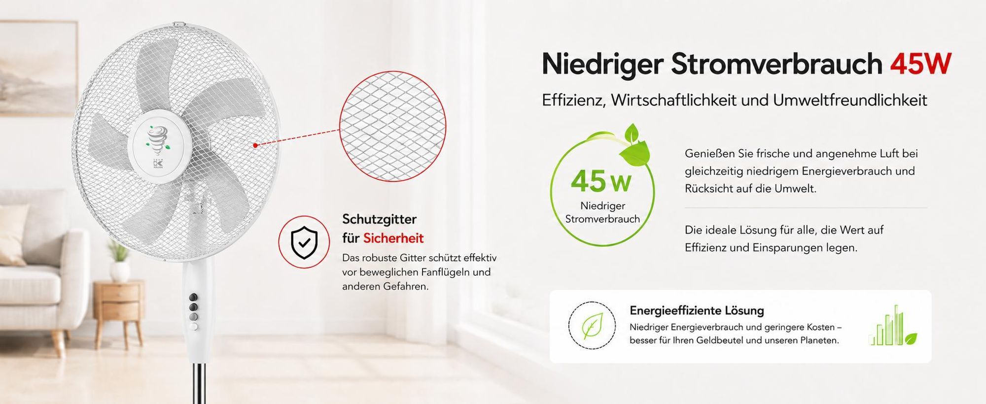 Standventilator KALORIK VT1081 40 cm 45 W  5-Flügel  Oszillation  Höhenverstellbar Weiß