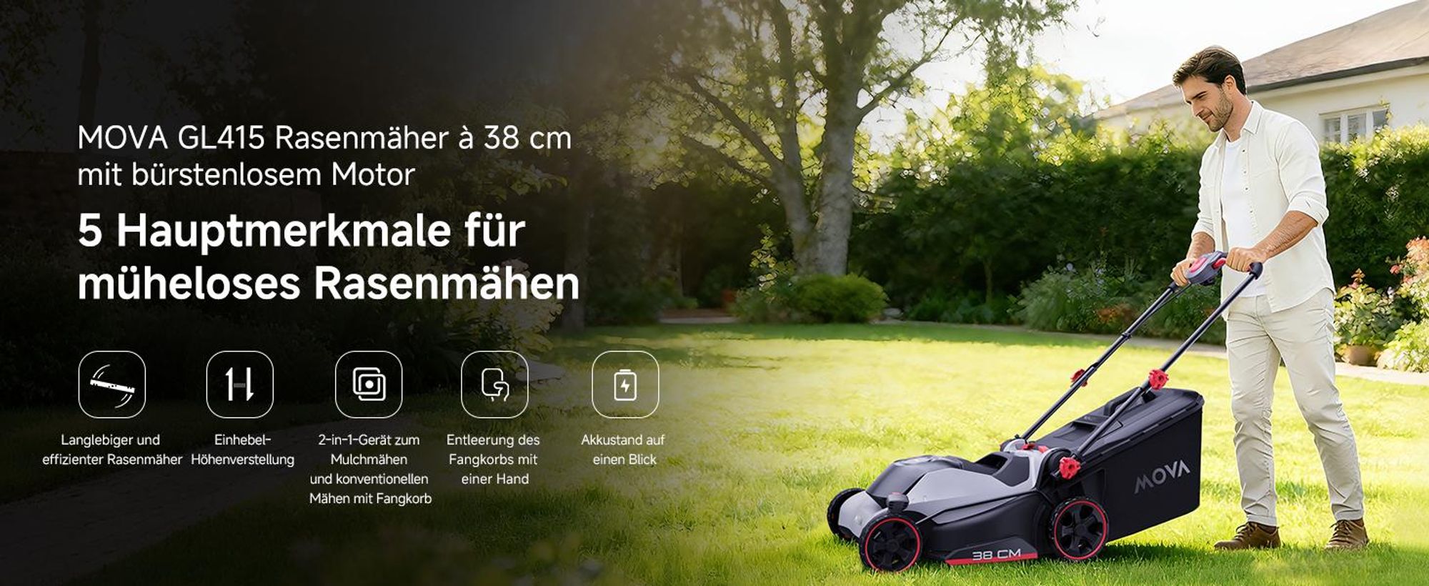 MOVA GL415 Akku-Rasenmäher 38 cm Schnittbreite kabellos bürstenloser Motor 20V SyncPack™ Einhebel Schnitthöhenverstellung Mulch und Fangfunktion Einha
