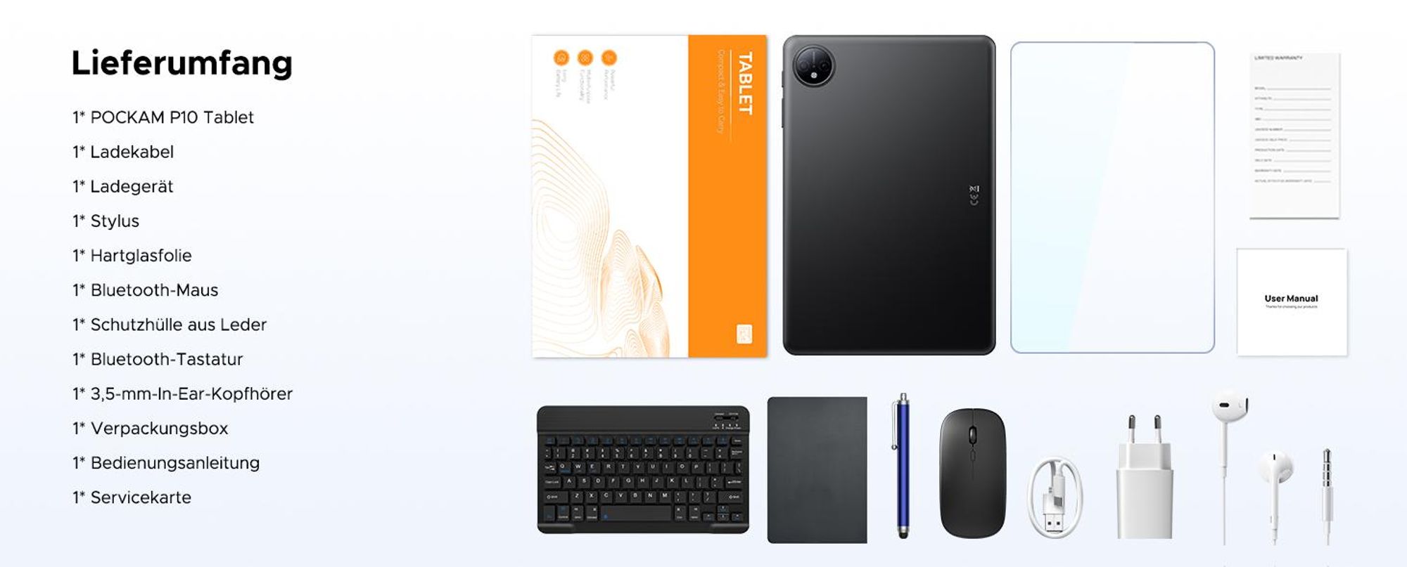 POCKAM P10 48(8+40)GB+128GB, 10 Zoll, Android 16, 7000mAh, mit Tastatur/Maus/Stift/Hülle usw, BT5.0, 5G WiFi, Gemini AI, 3.5mm Kopfhöreranschluss