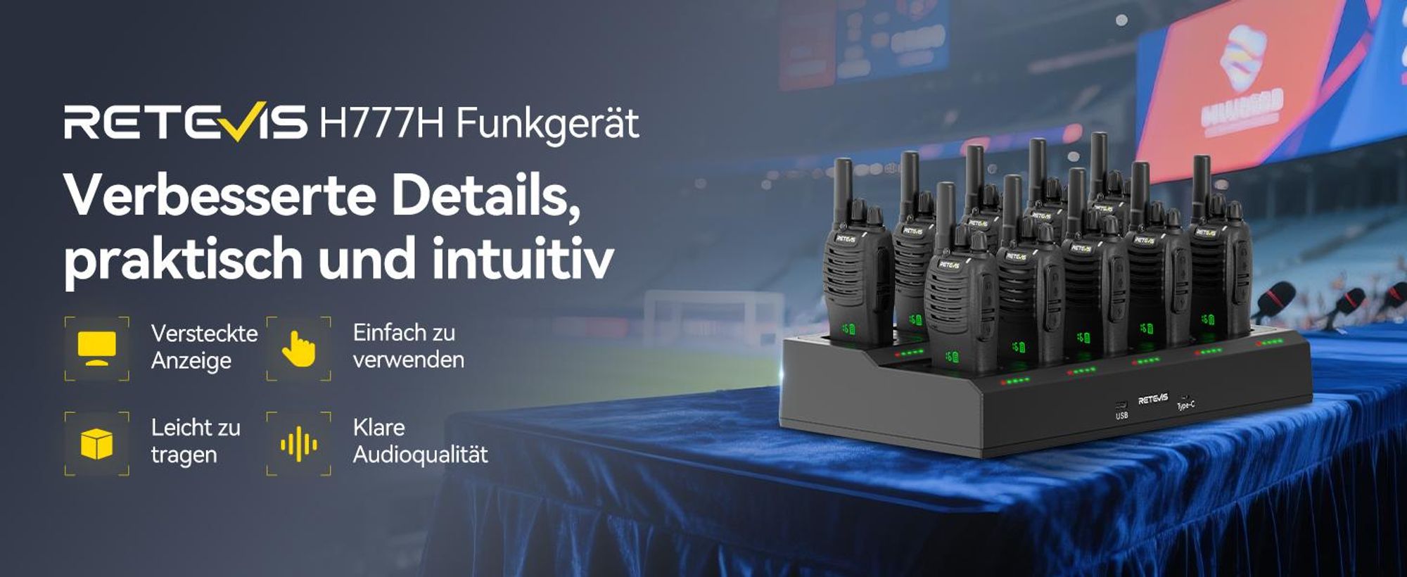 Retevis H777H Funkgeräte, Funkgeräte mit Bildschirm, Walkie Talkie mit 10-in-1 Ladegerät, Lizenzfrei PMR Funkgerät mit Headset, Funkgeräte