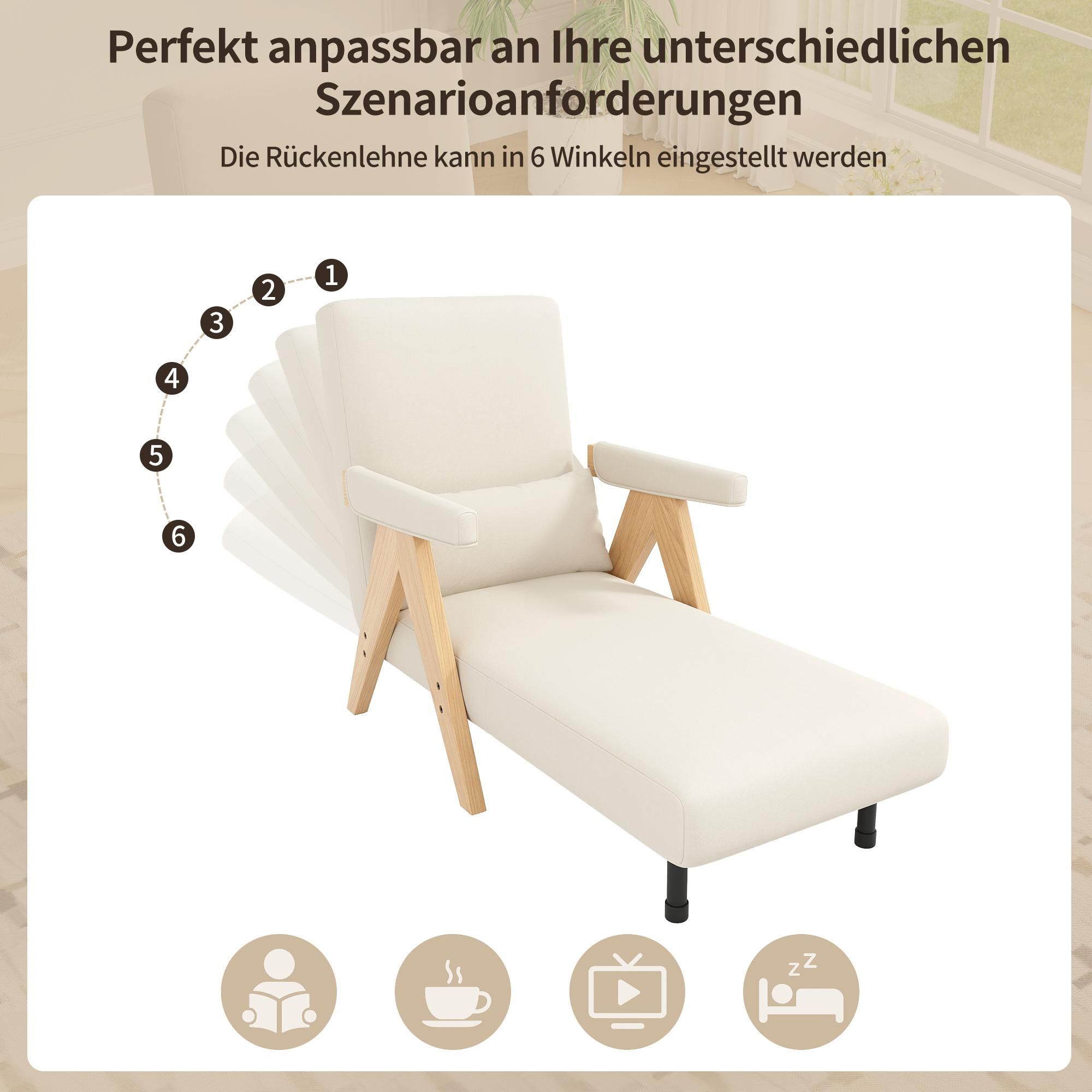 Merax Loungesessel 3-in-1 Klappbarer Umbausessel mit Schlaffunktion, Schlafsessel mit 6-fach verstellbare Rückenlehne, Natur