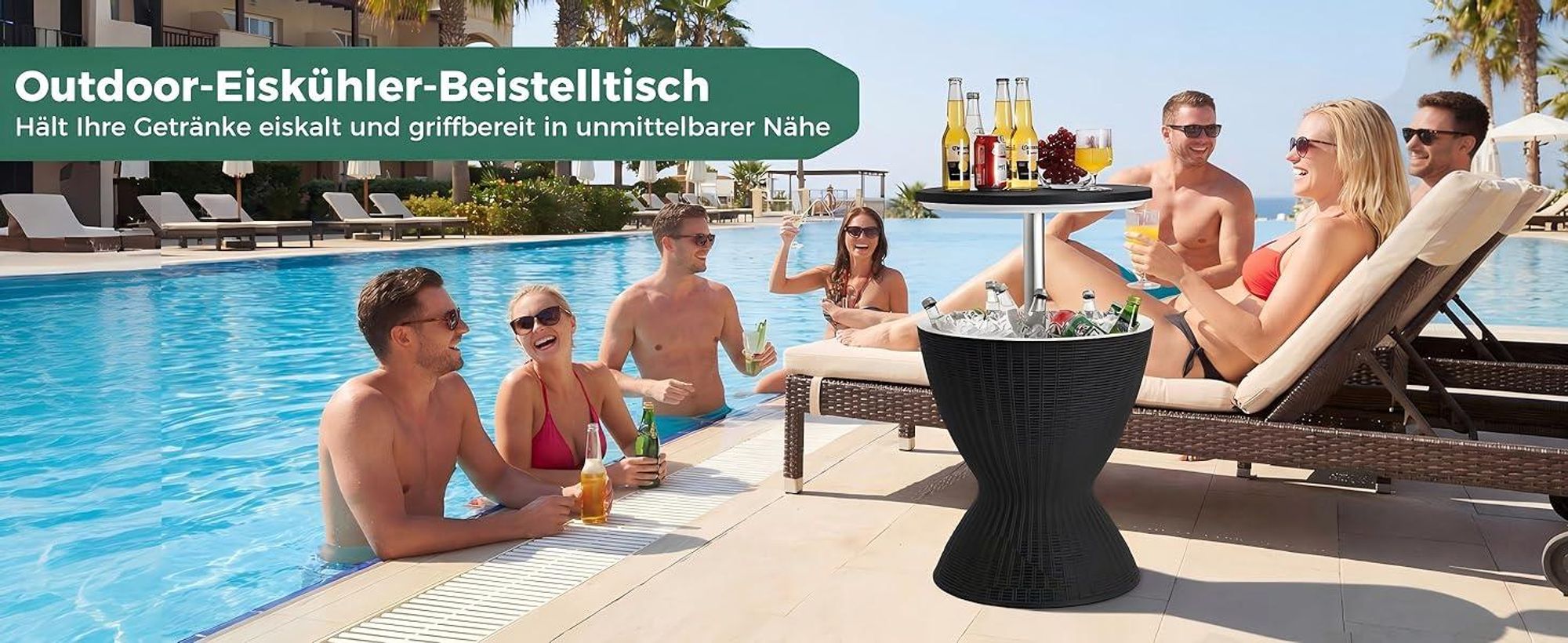 COSTWAY 3 in 1 Cool Bar, Beistelltisch, 30L Outdoor Bier- & Weinkühler, Getränkekühler mit Abflussloch, für Terrasse, Party, Poolbereiche, Grau